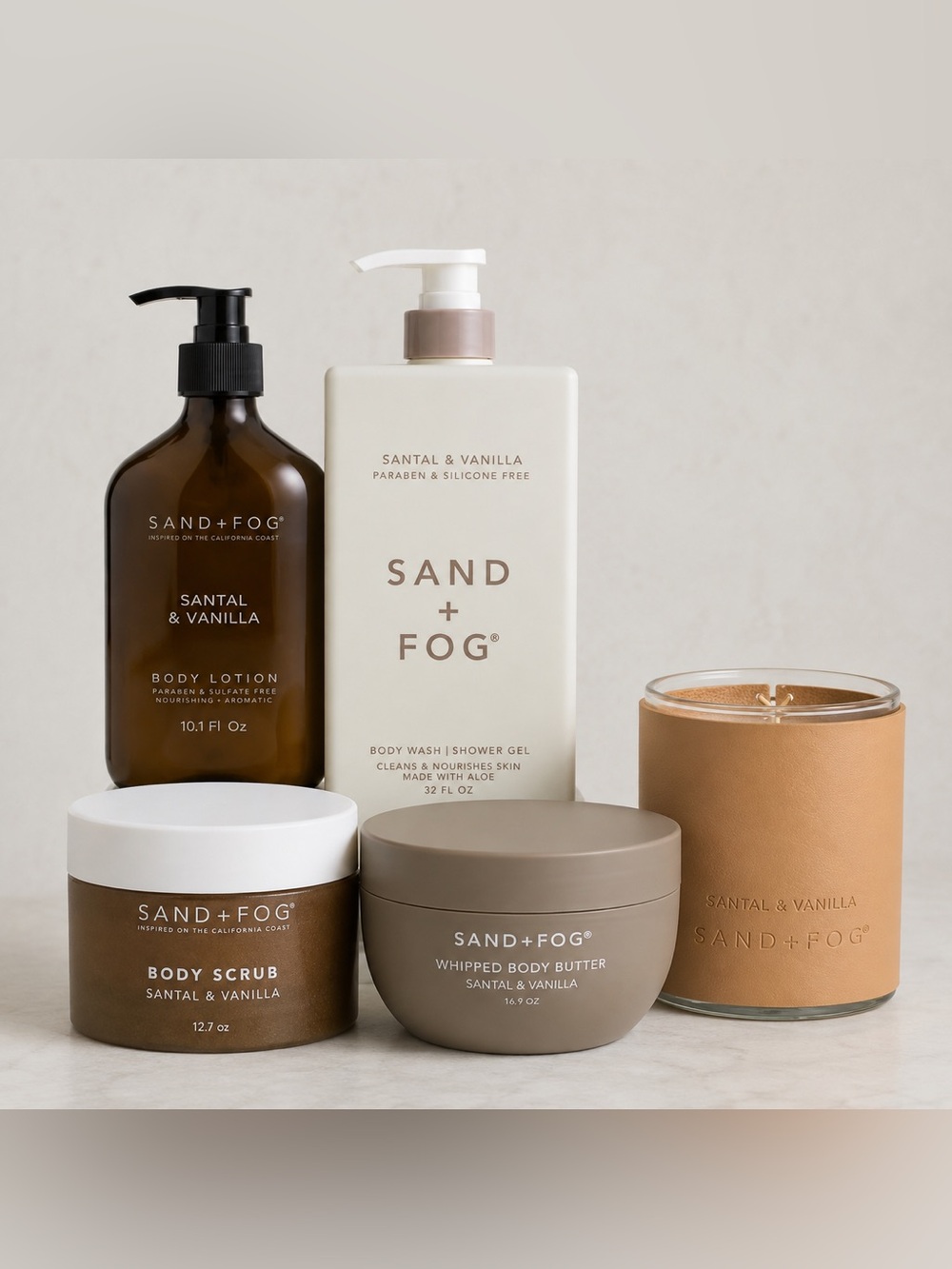 Sand + Fog Santal & Vanilla 5-Piece Body Care & Candle Gift Set New